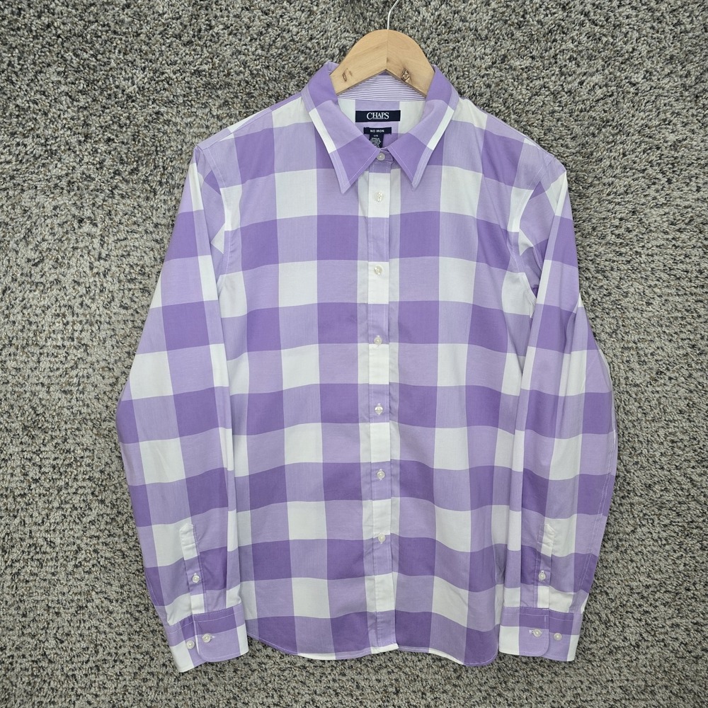 Chaps Shirt Mens Large Purple Check Button Up No Iron Long Sleeve Cotton Casual